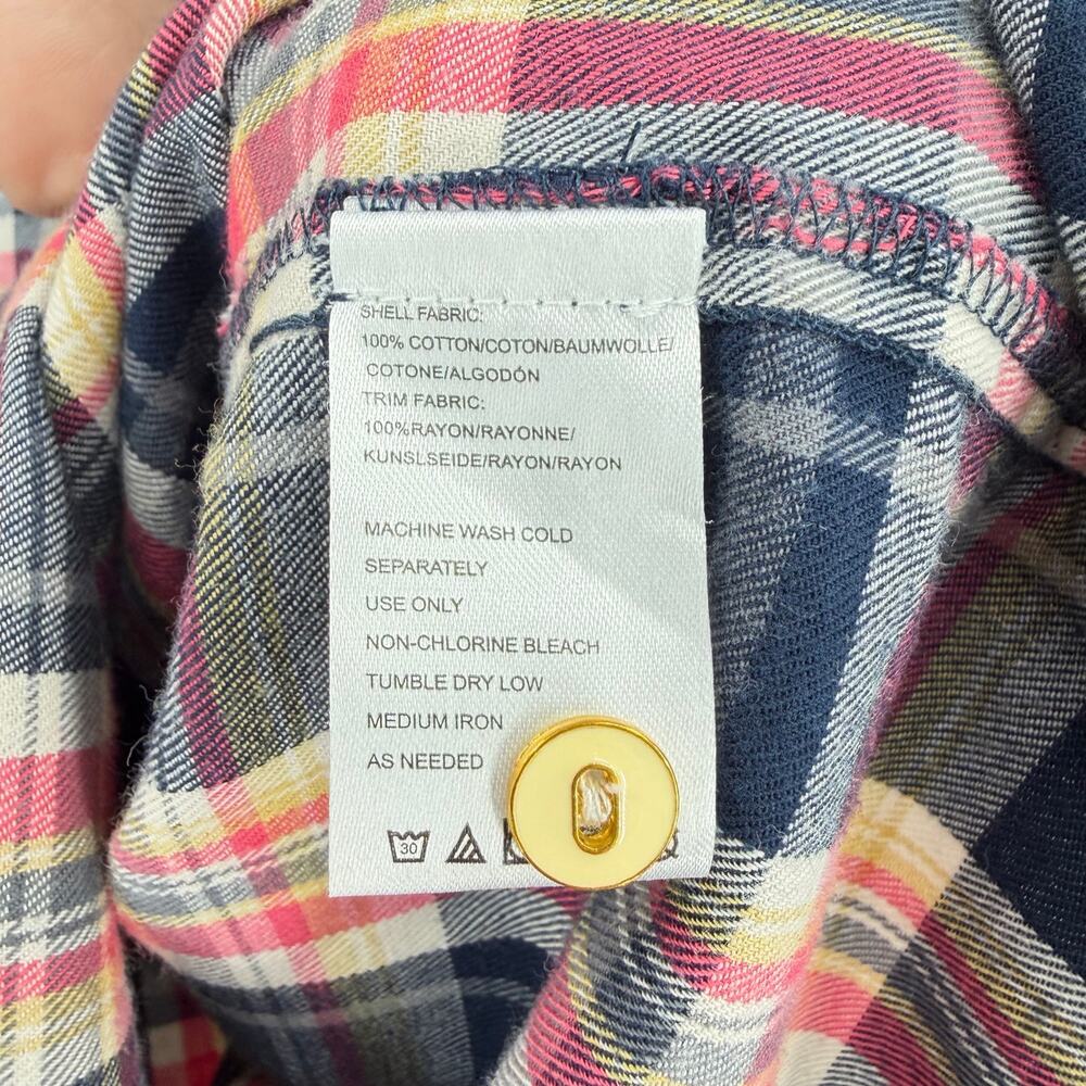 Anthropologie Isabella Sinclair Pink Navy 100% Cotton Ruffle Plaid Academia Top - Picture 13 of 13